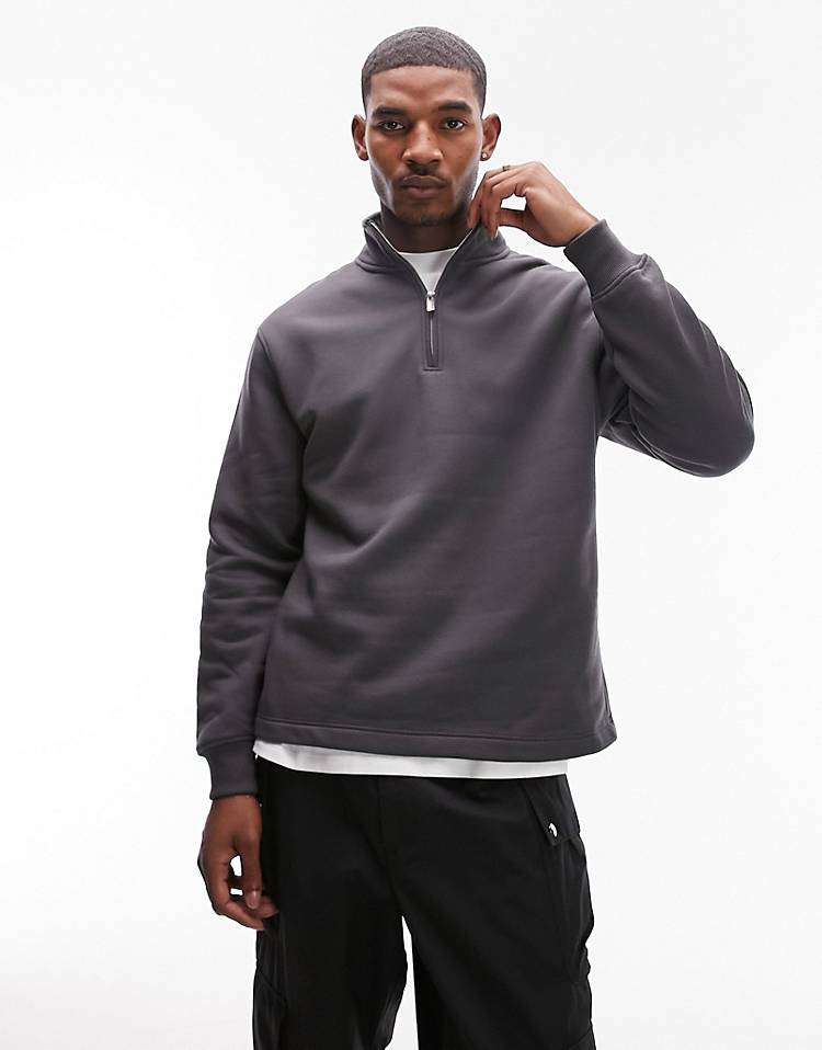 Topman 1/4 zip sweatshirt in charcoal